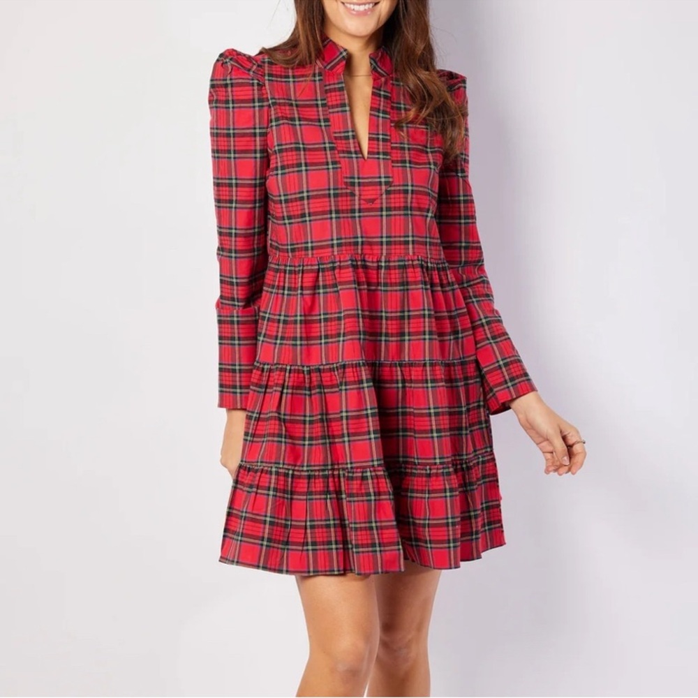 Sail to Sable Red Tartan Plaid Holiday Long Sleeve Tiered Dress